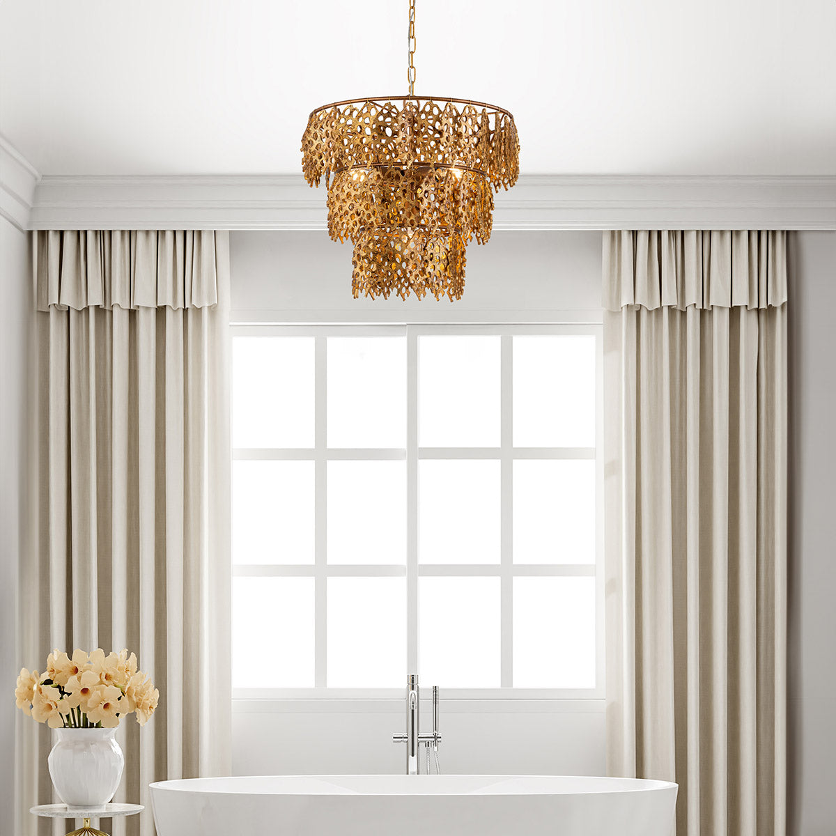 Coral Chandelier by Karyl Pierce Paxton – 3 Tier Gold Leaf – Lucas