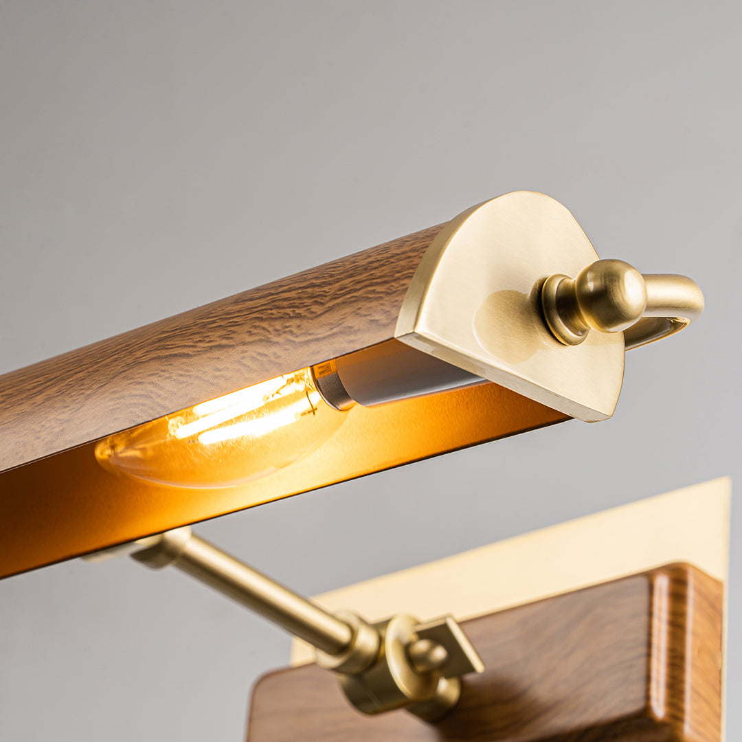 Winchfield Medium Picture Light in Aged Brass with Oak Accents